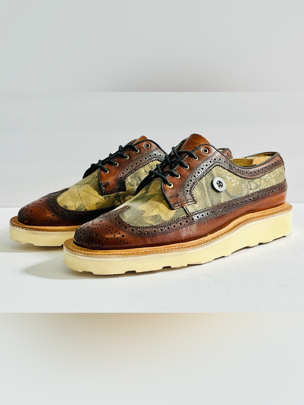 Greenwich Vintage Co. Men's Brown Leather & Camo Wingtip Lace-Up Shoes